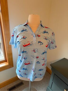 Womens Light Blue Polo Shirt with Nautical Print